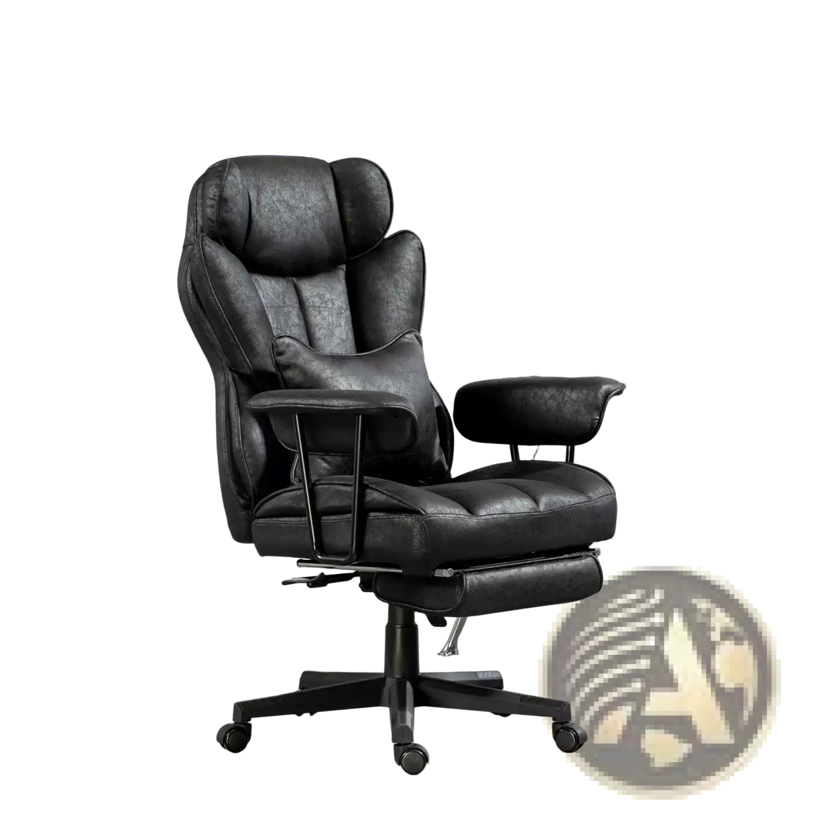 Black leather massage office chair with high back padded armrests and reclining footrest supporting 396lbs