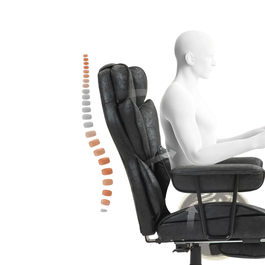 Black leather massage office chair with adjustable lumbar support reclining footrest and white mannequin seated