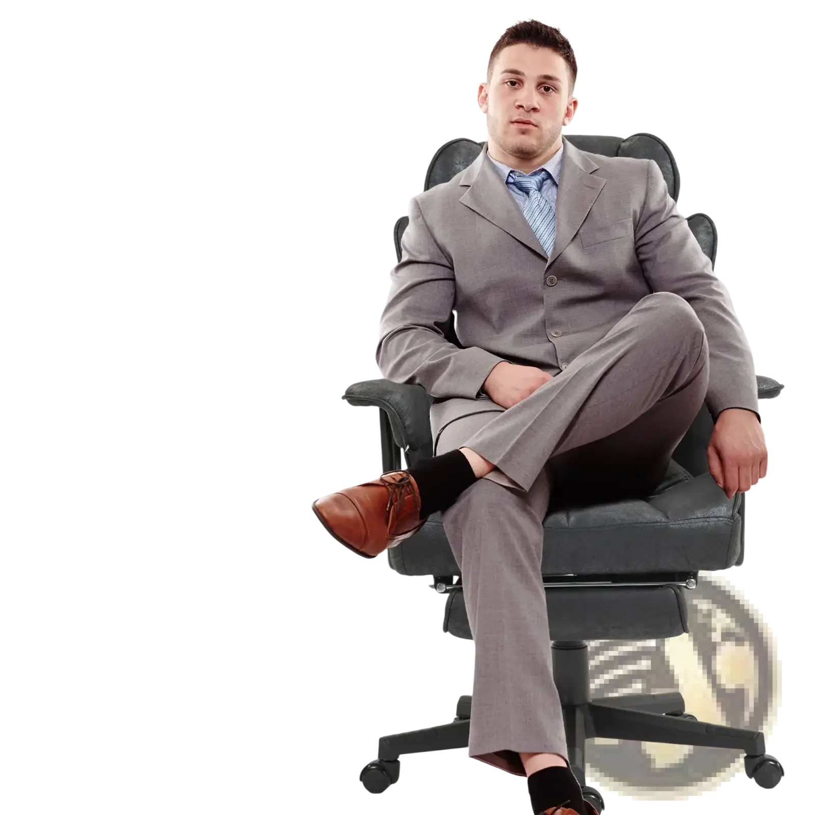 Man in gray suit with light blue patterned tie seated in a massage office chair with reclining footrest supporting 396lbs