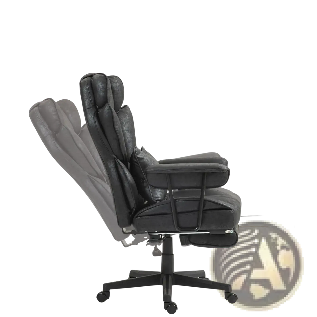 Black leather massage office chair with reclining footrest high back padded armrests and five-wheel base designed for 396lbs