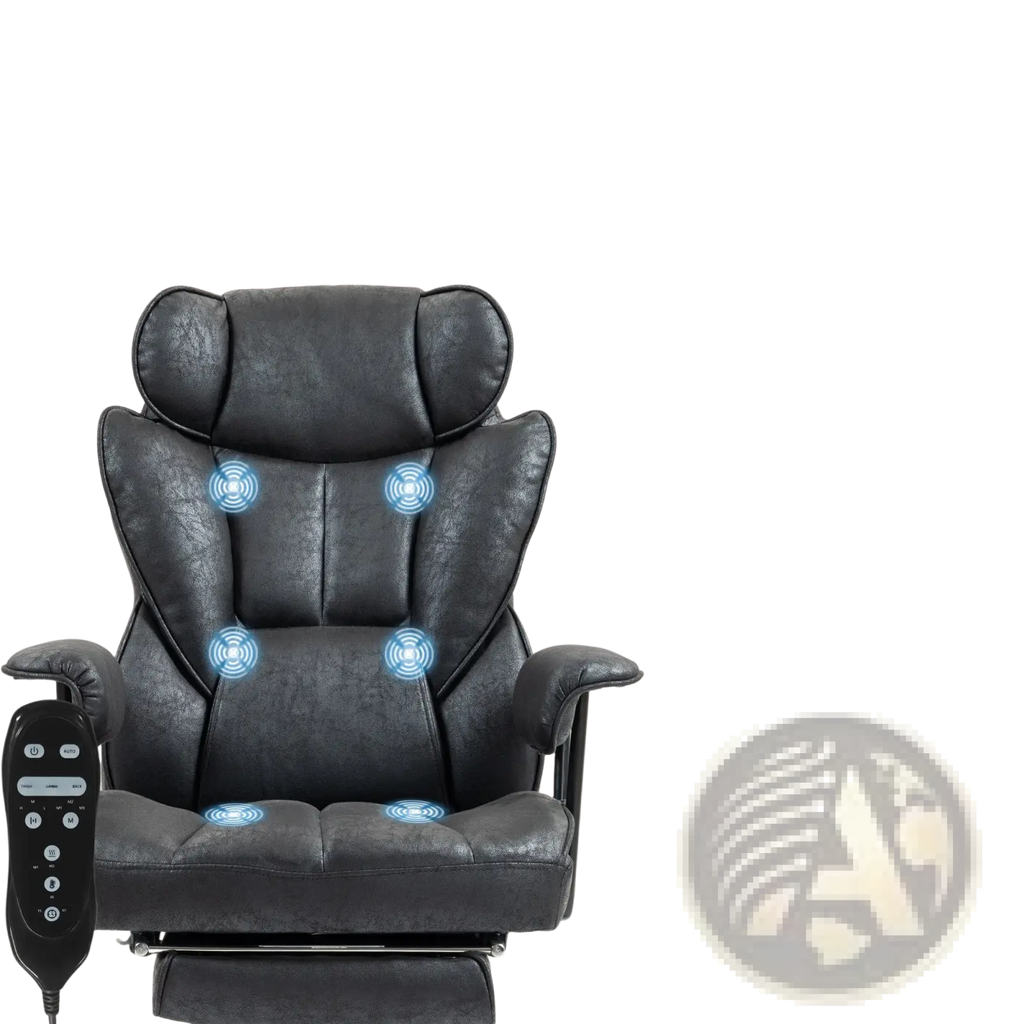 Black leather massage office chair with reclining footrest showing illuminated blue icons for shoulder waist and thigh vibration points