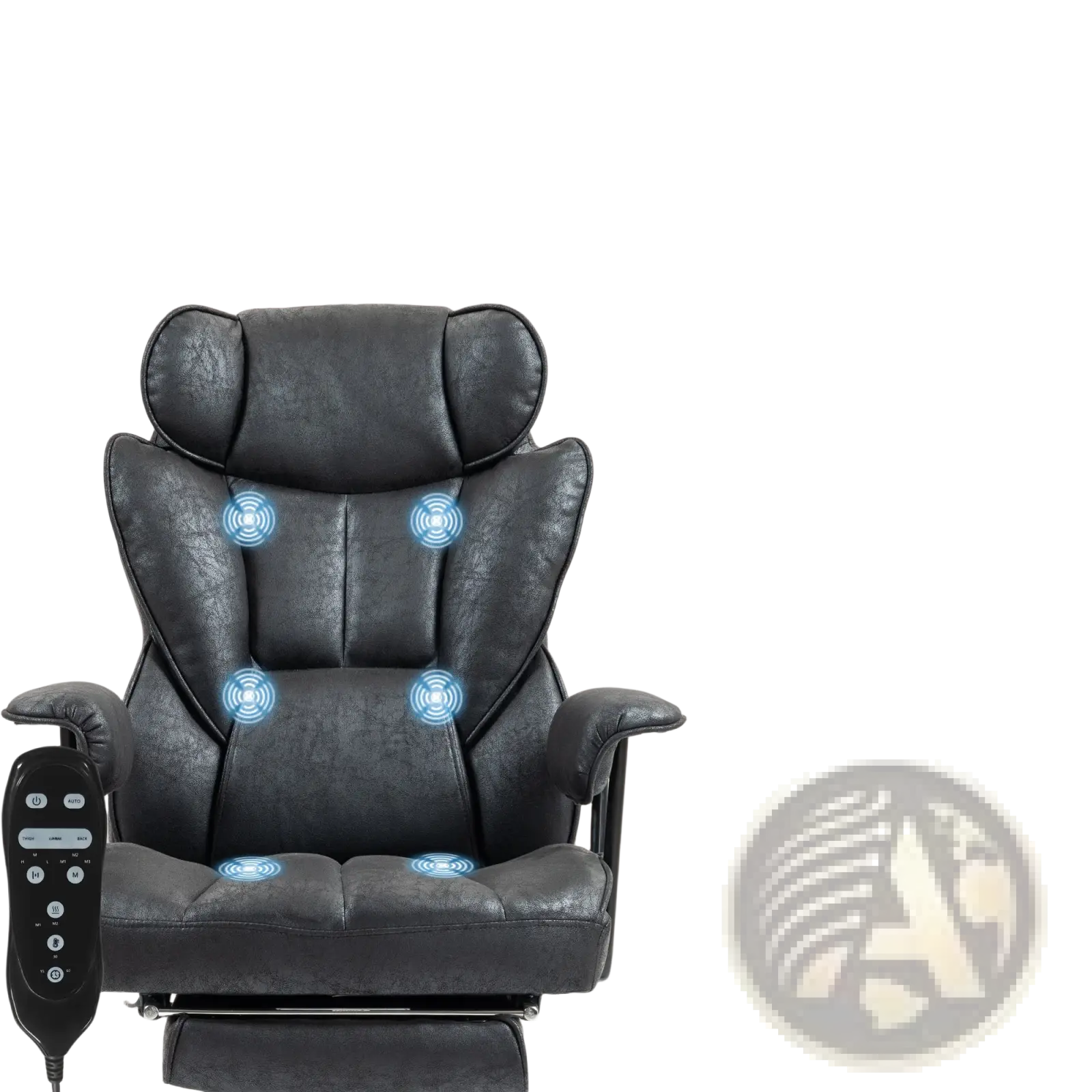 Black leather massage office chair with reclining footrest showing illuminated blue icons for shoulder waist and thigh vibration points
