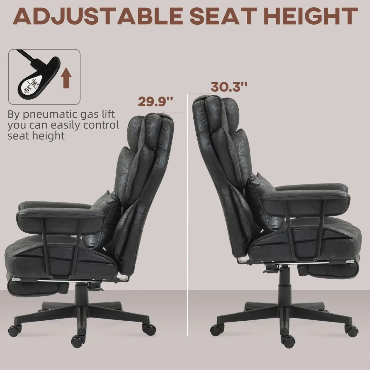 Black leather massage office chair with reclining footrest adjustable seat height supports up to 396lbs