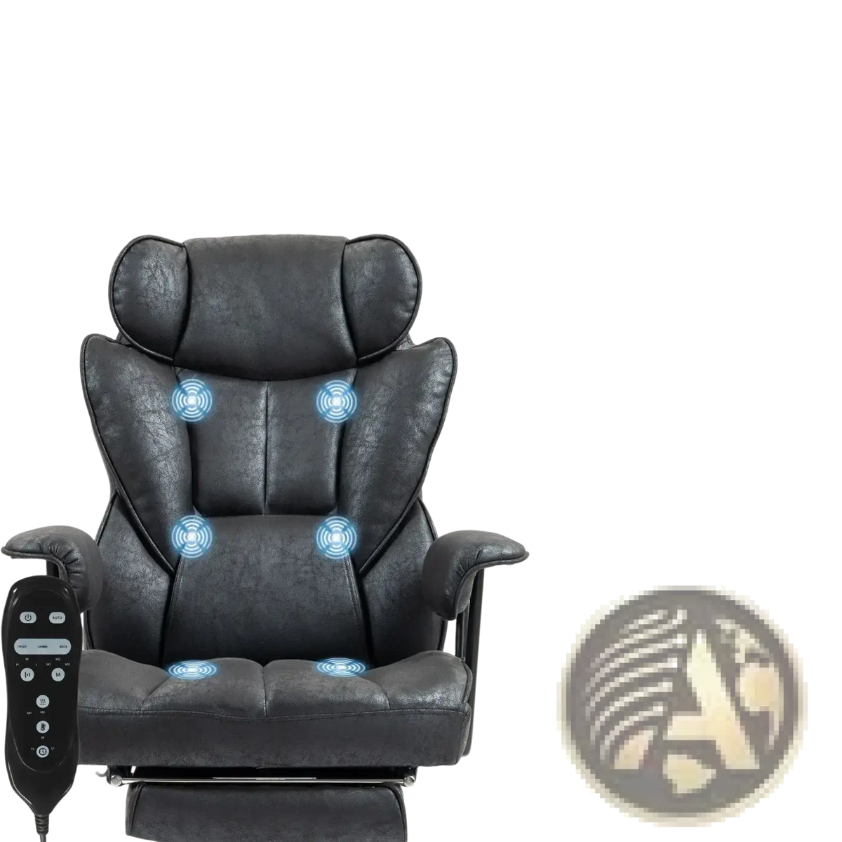 Black leather massage office chair with reclining footrest and illuminated blue vibration zones designed for 396lbs capacity