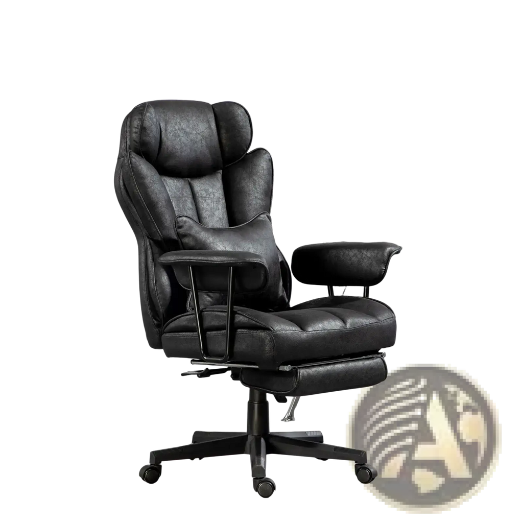 Black leather massage office chair with high back padded armrests and reclining footrest supporting up to 396lbs