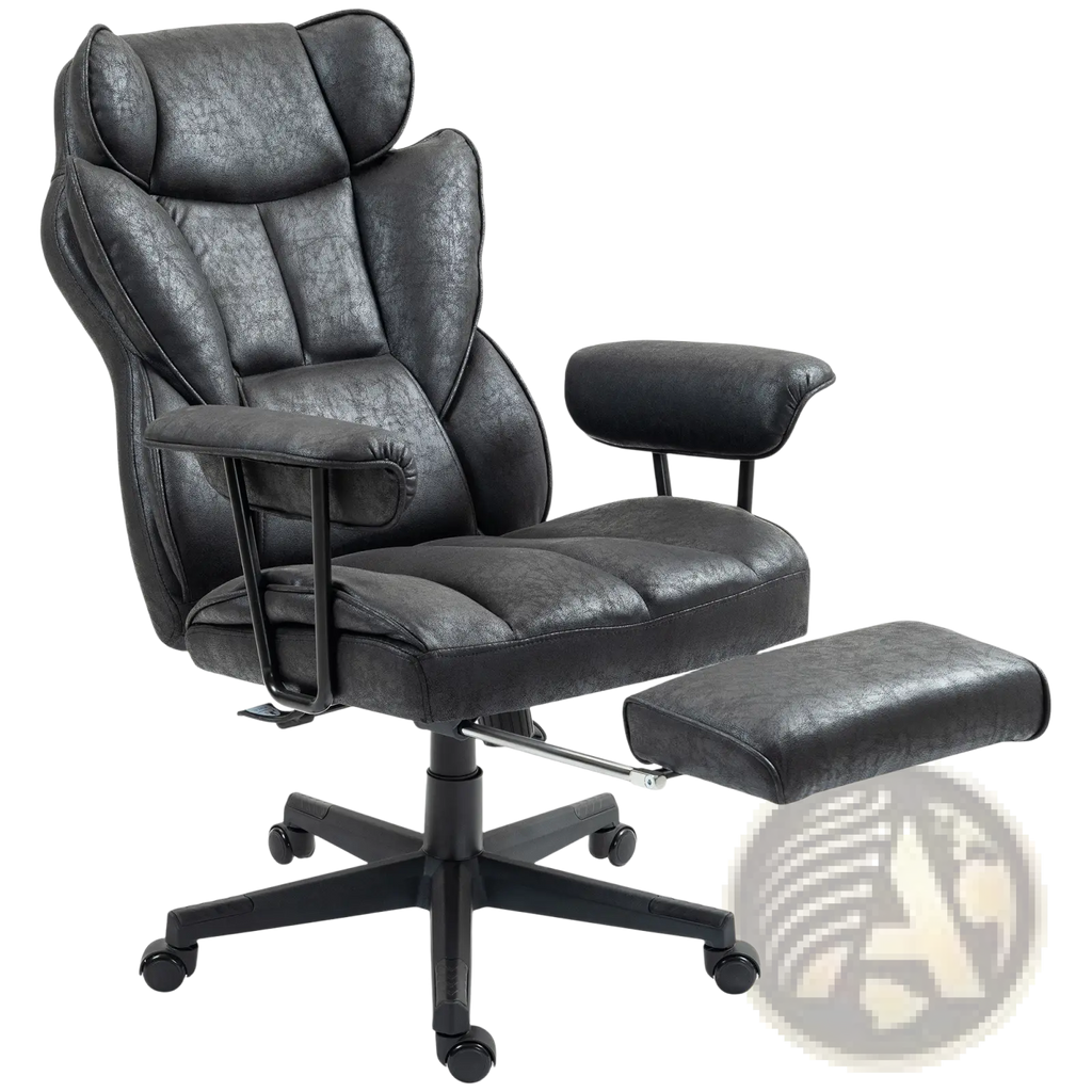 Black faux leather massage office chair with reclining footrest and five-wheel base supporting 396lbs capacity