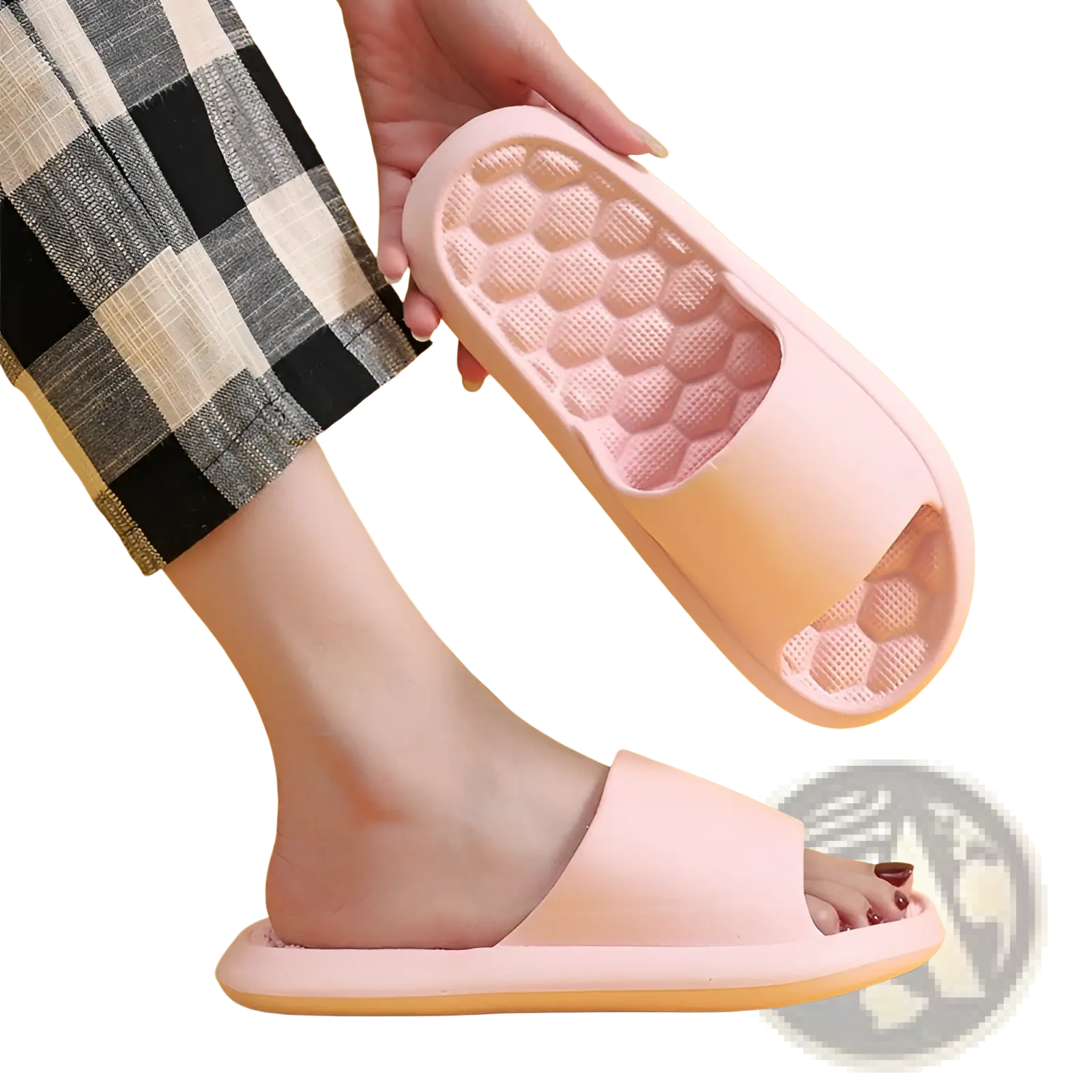 Pink rubber massage slide sandal with honeycomb textured sole designed for comfort and foot massage