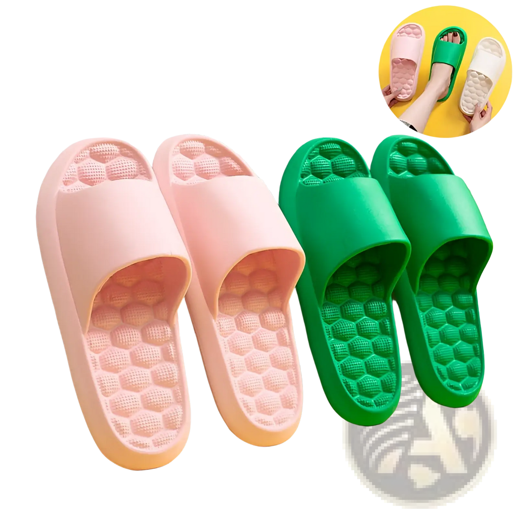 Pink and green massage slippers rubber slides with honeycomb textured sole for comfort and support
