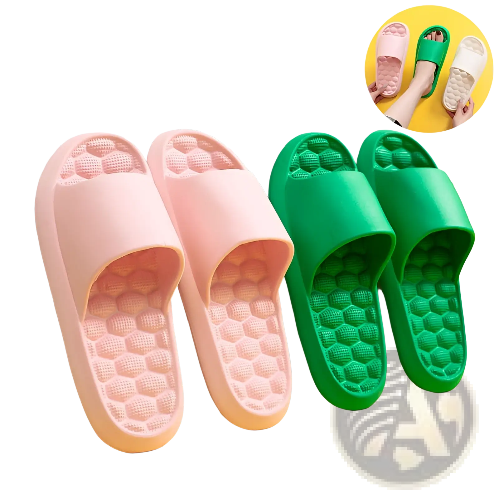 Pink and green massage slippers rubber slides with honeycomb textured sole for comfort and support