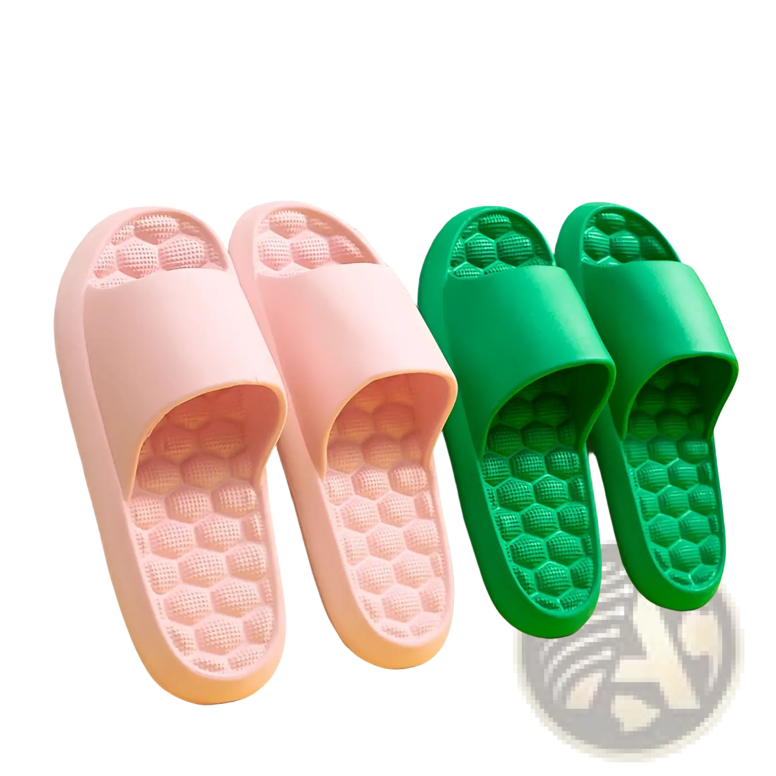 Pink and green plastic massage slippers with honeycomb textured rubber sole for comfortable sliding and foot massage