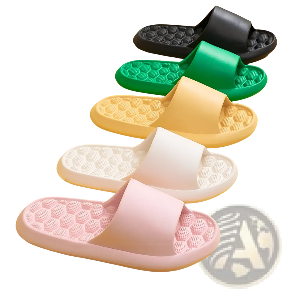 Massage slippers honeycomb textured rubber slides in pink beige white green and black with a textured sole