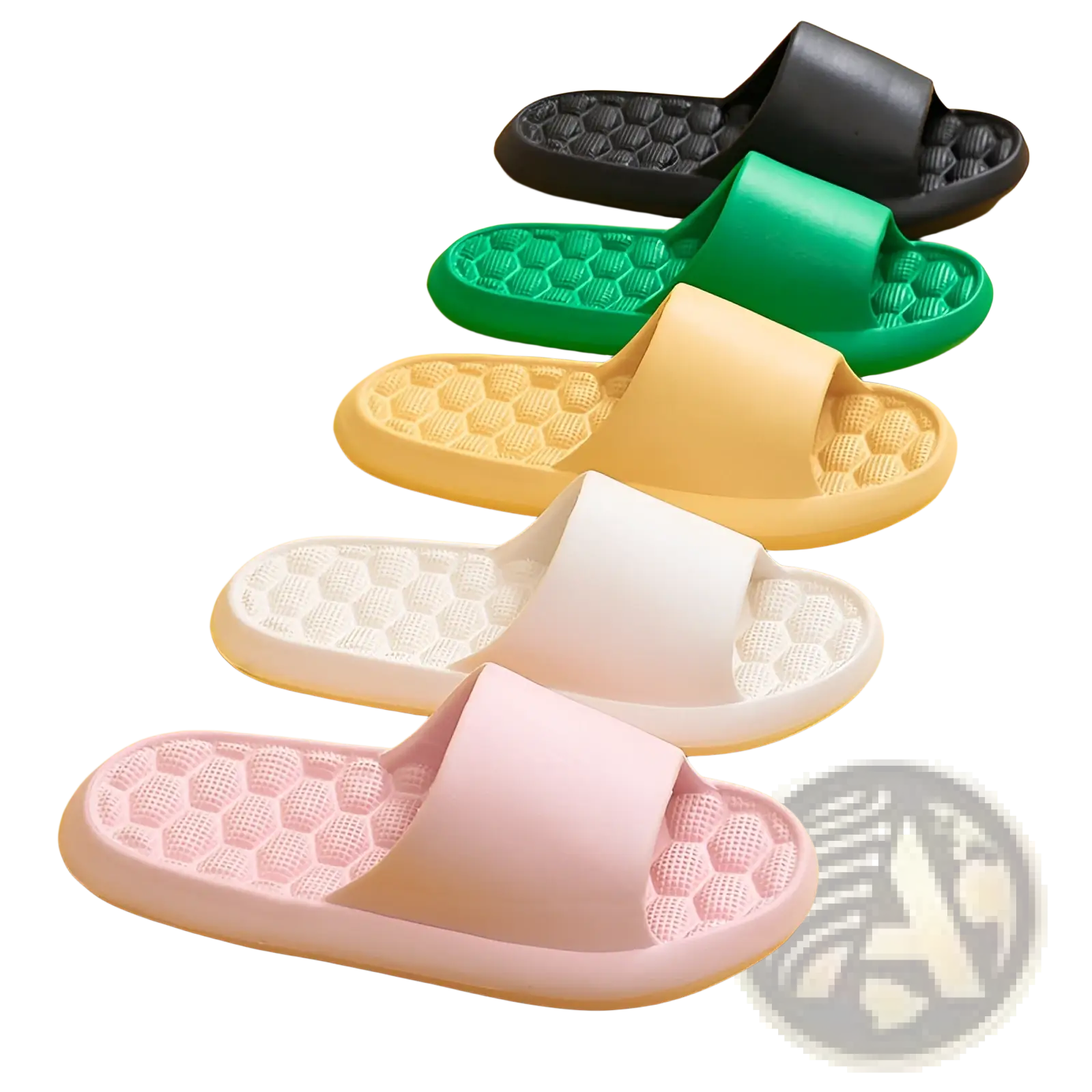 Massage slippers honeycomb textured rubber slides in pink beige white green and black with a textured sole