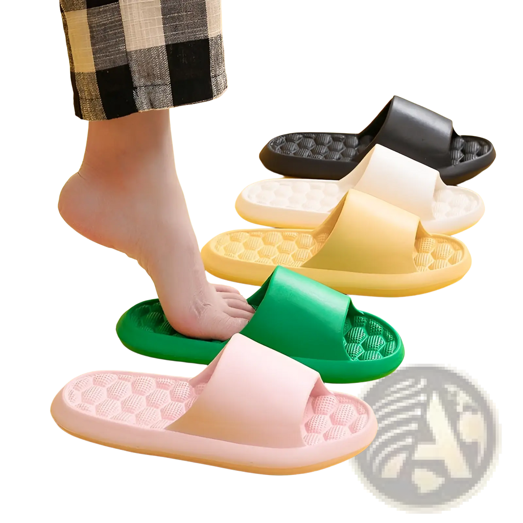 Pink plastic massage slippers with honeycomb textured rubber sole for comfortable foot massage and slip resistance