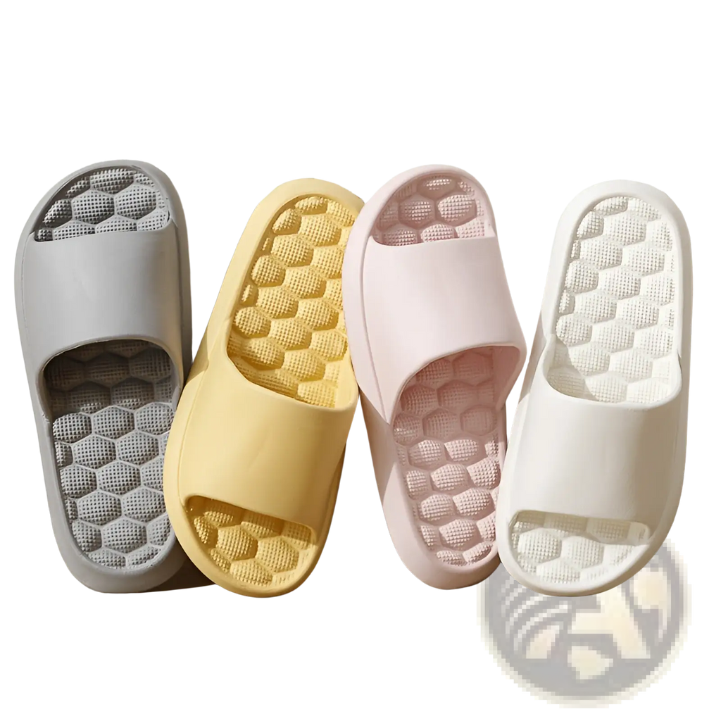 Set of four pastel-colored silicone massage slippers with honeycomb textured rubber soles for comfort and support