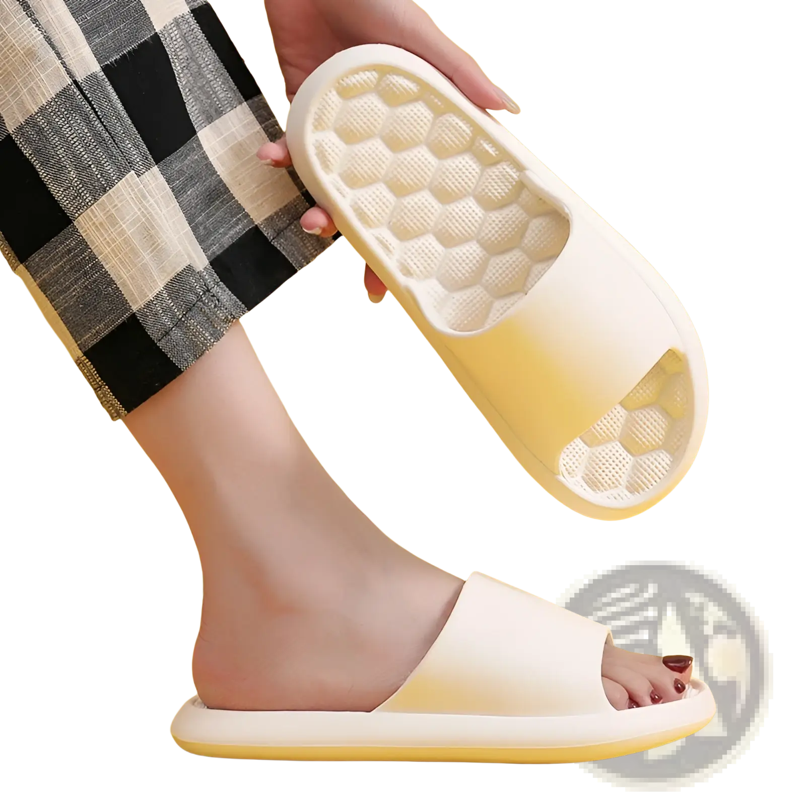 White rubber massage slippers with honeycomb textured sole designed as slide-on sandals for comfort and grip