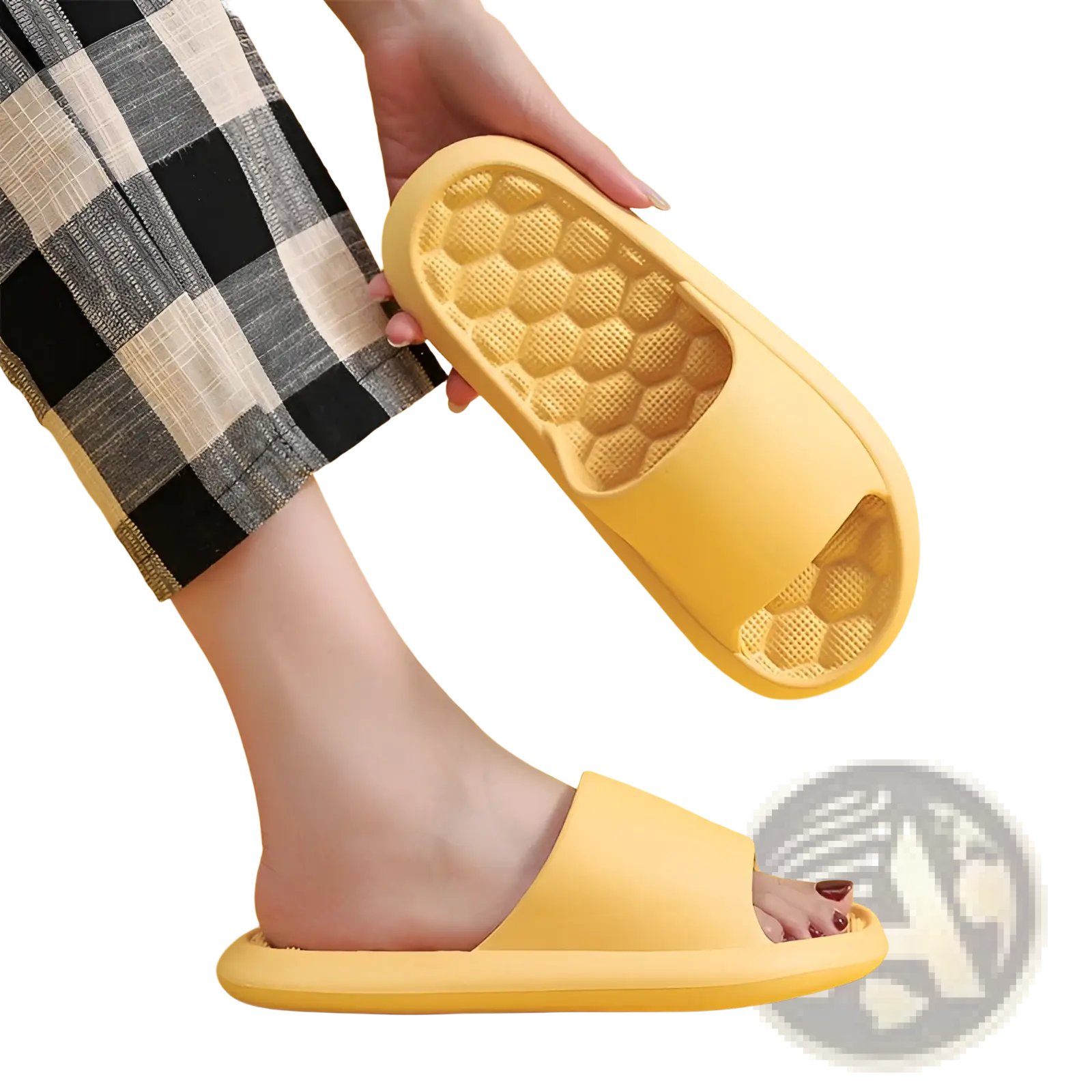 Yellow rubber massage slipper slide with honeycomb textured sole for enhanced grip and comfort