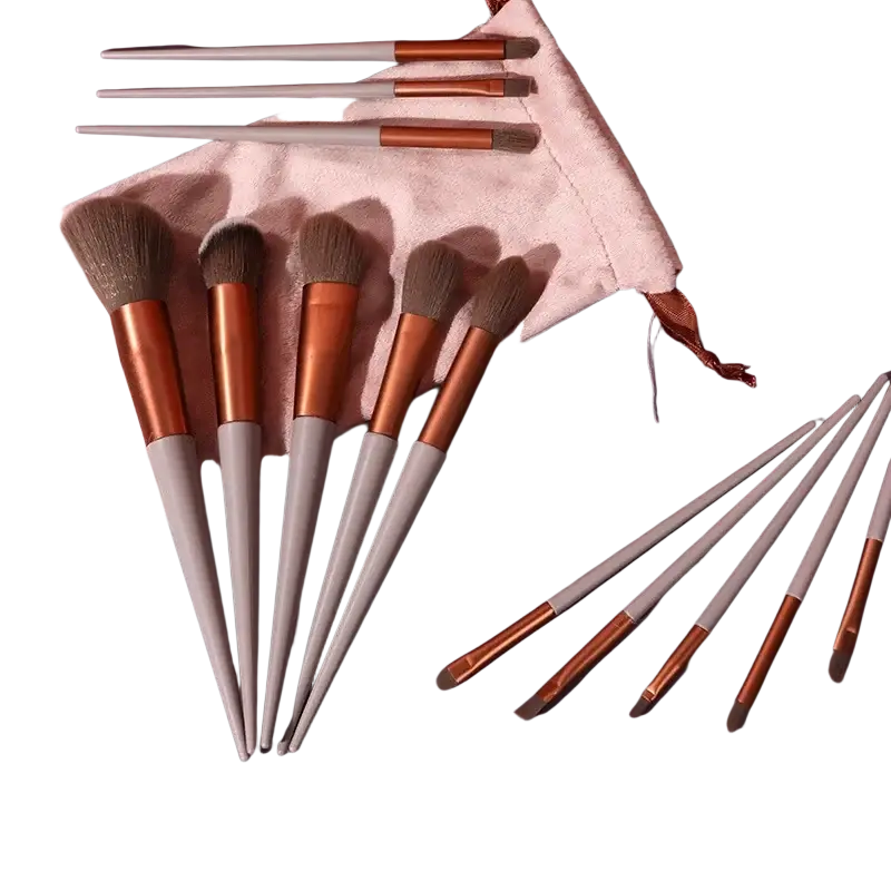 Set of 12 makeup brushes with rose gold and matte gray handles, soft synthetic bristles for refreshing matcha green makeup tool use