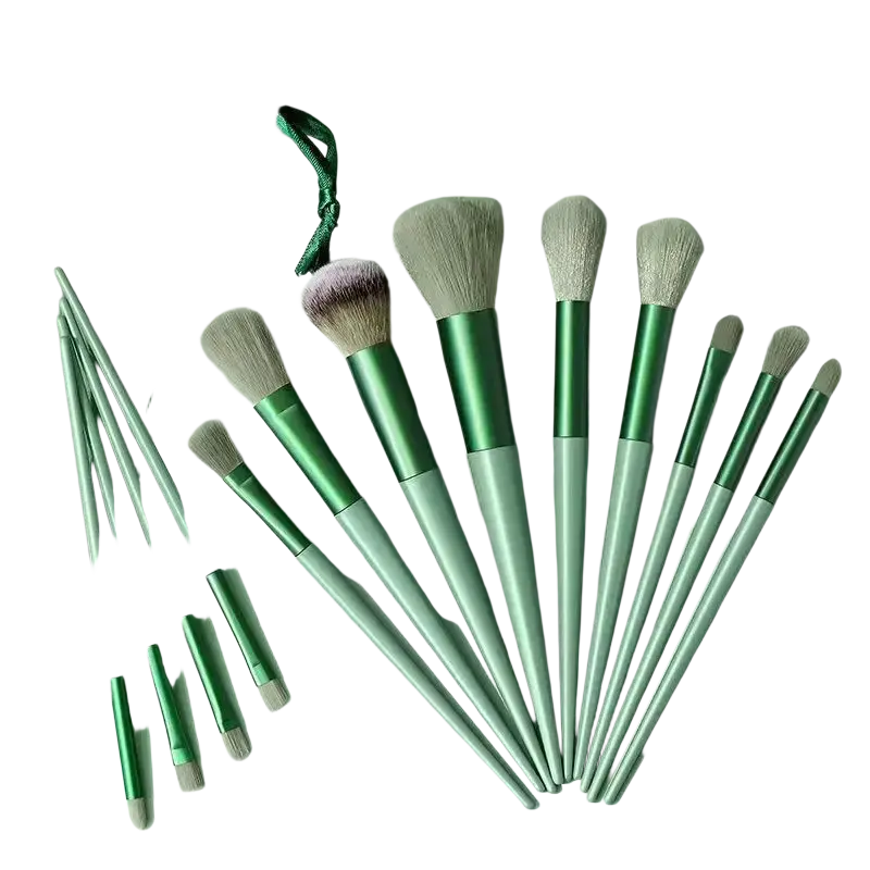 Set of 15 makeup brushes with sleek refreshing matcha green and silver handles featuring soft bristles for precise application