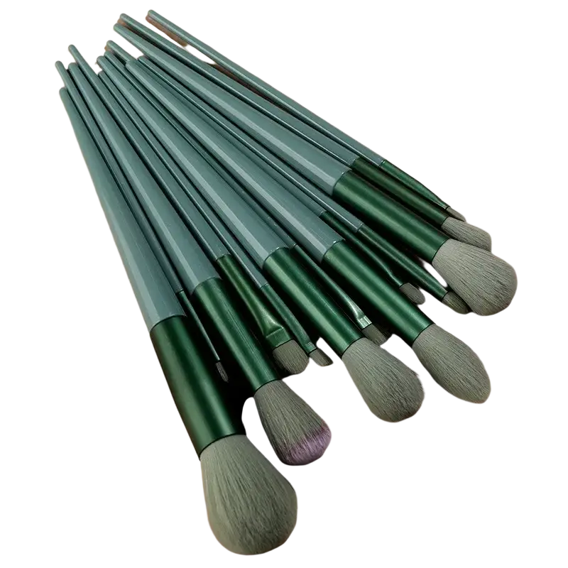 Set of twelve refreshing matcha green makeup tools with matte handles and soft dense bristles for varied application needs