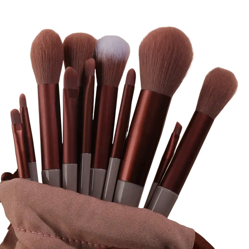 Set of ten bronze-finished makeup brushes with soft bristles and gray handles from refreshing matcha green 13-piece makeup tool