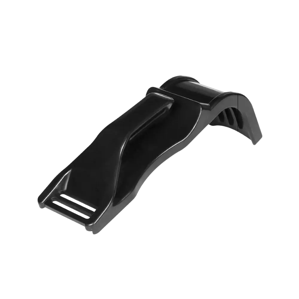 Black plastic maternity car seat belt adjuster with curved ergonomic buckle and two horizontal strap slots for pregnant women