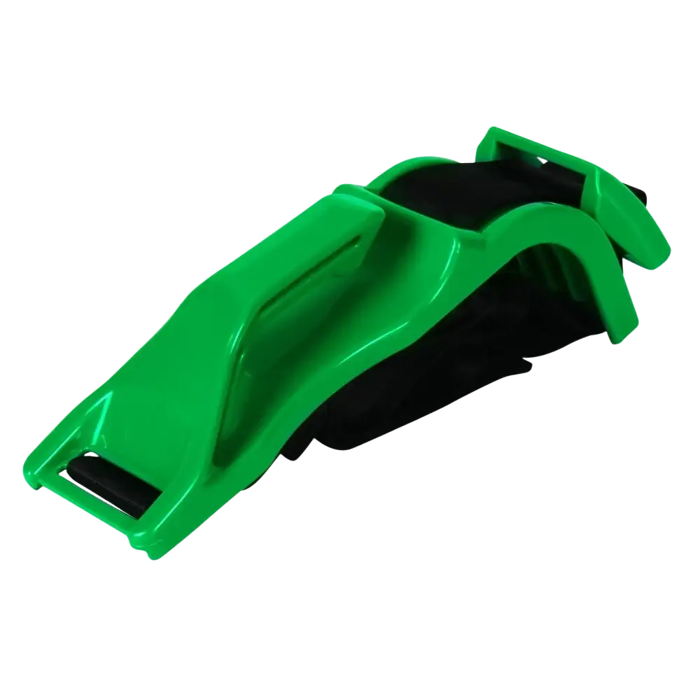 Maternity car seat belt adjuster with bright green plastic buckle and black rubberized interior for pregnant women