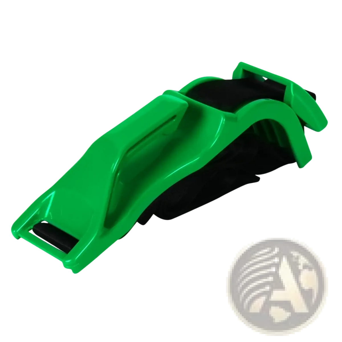 Maternity car seat belt adjuster with bright green plastic buckle and black rubberized interior for pregnant women