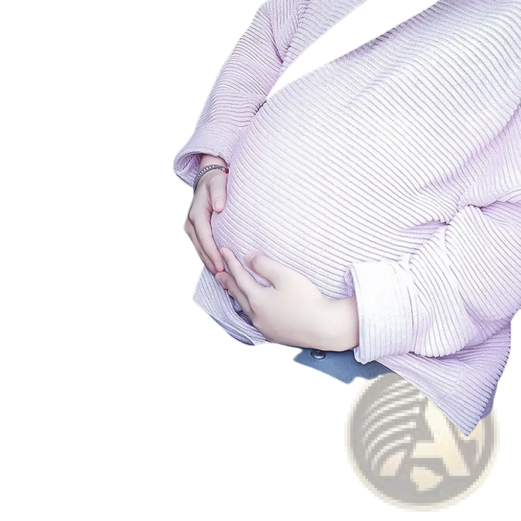 A soft pink ribbed knit maternity sweater worn by a pregnant person seated in a car using a car seat belt adjuster