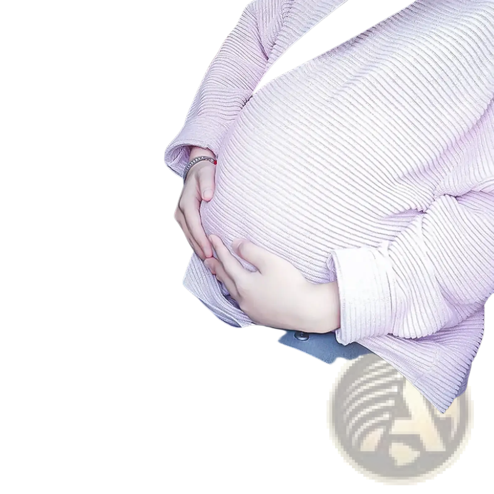 A soft pink ribbed knit maternity sweater worn by a pregnant person seated in a car using a car seat belt adjuster