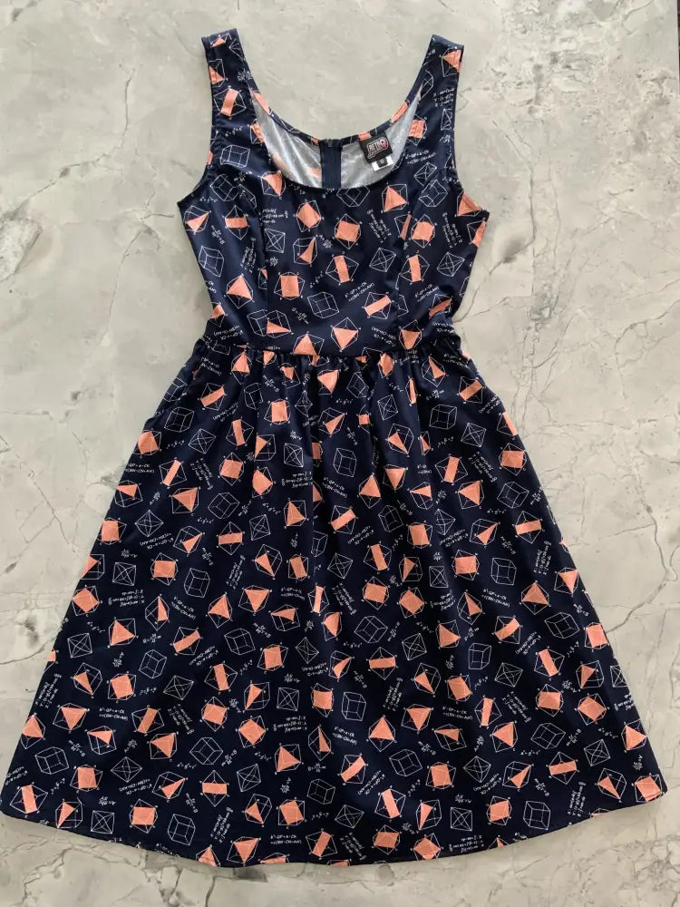 Navy math print fit and flare cotton dress with pockets featuring a geometric pattern and fitted waistband
