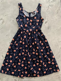 Navy math print fit and flare cotton dress with pockets featuring a geometric pattern and fitted waistband