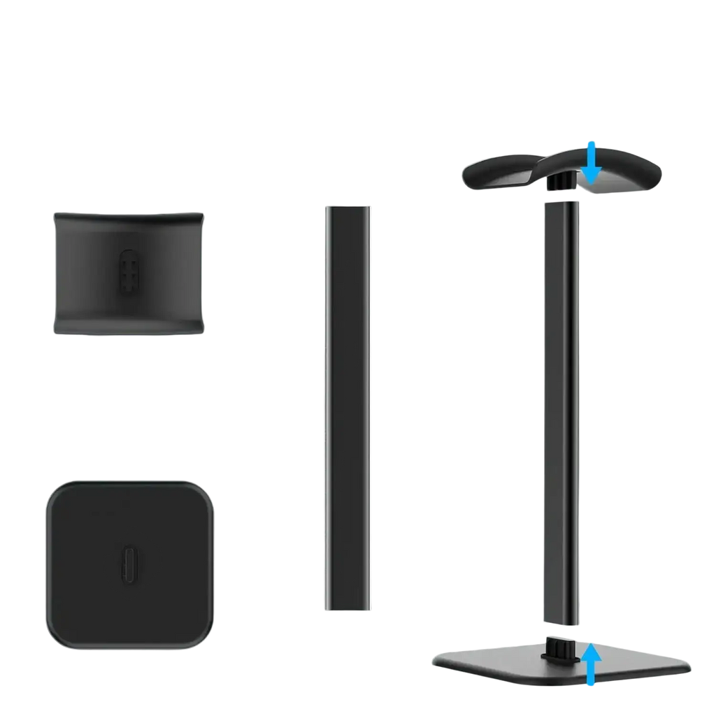 Black adjustable matte aluminum headphone stand with curved top and rectangular base for earphone display