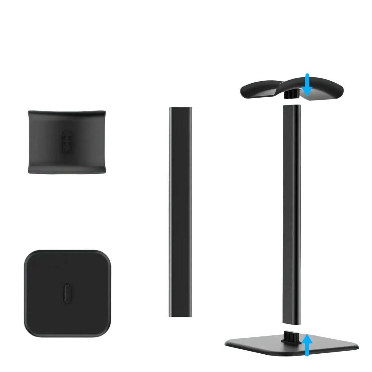 Black adjustable matte aluminum headphone stand with curved top and rectangular base for earphone display