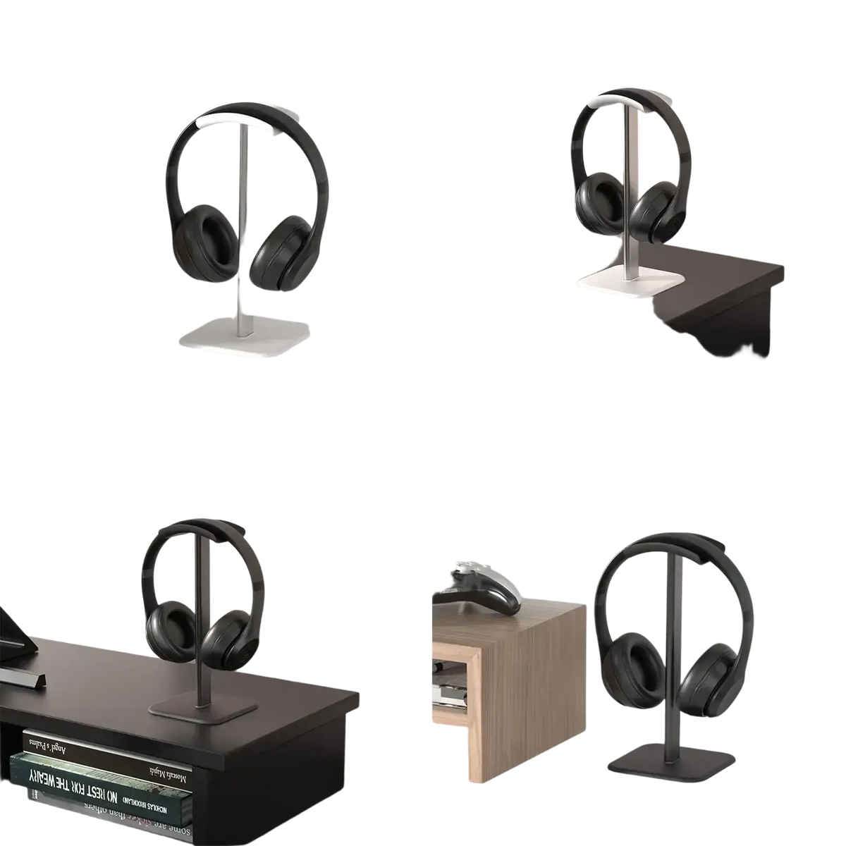 Matte aluminum headphone stand with sleek black over-ear headphones featuring padded earcups on an aluminum headphone stand