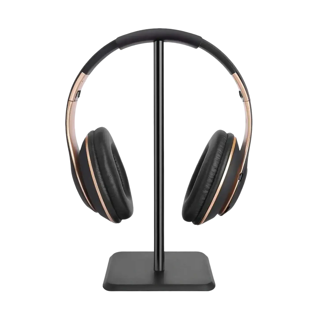 Black and rose gold over-ear headphones on a sleek matte aluminum headphone stand with padded earcups