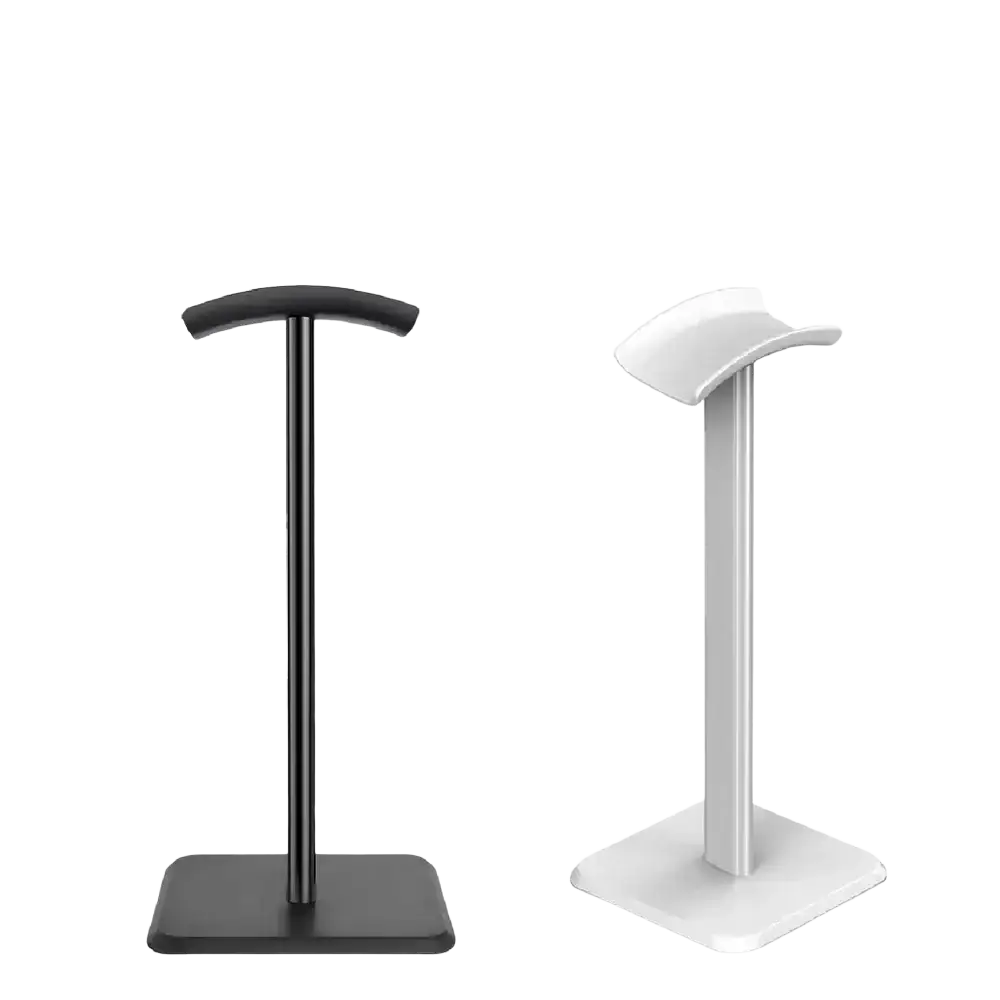 Matte aluminum headphone stand in black and white with minimalist sleek modern design for earphone stand use