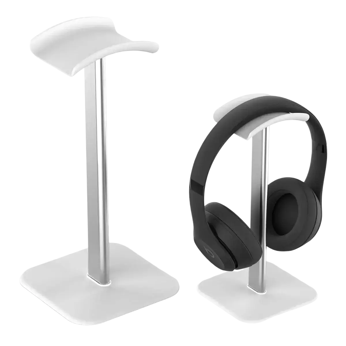 White minimalist aluminum headphone stand with sleek metallic pole and square base for black over-ear headphones