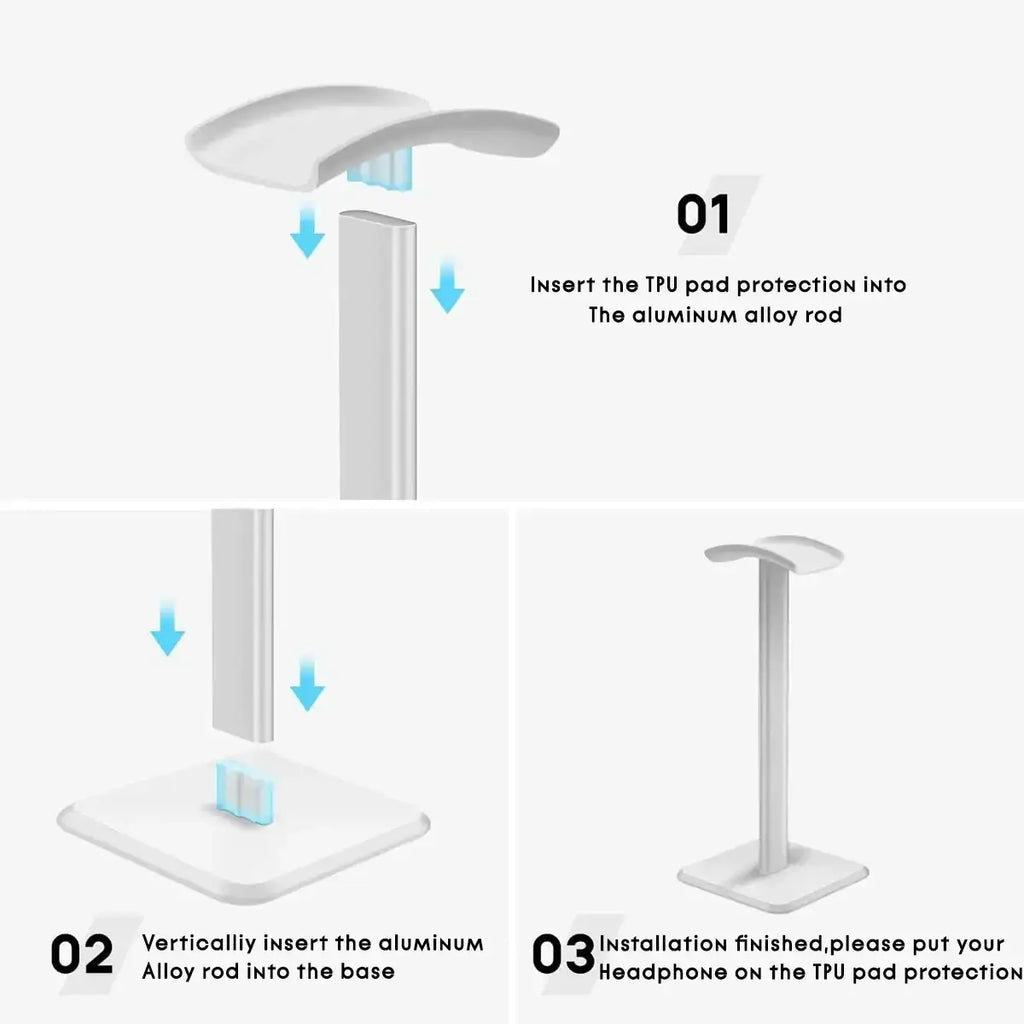 Matte aluminum headphone stand with a white plastic tpu pad and sleek minimalist design for earphone stand use