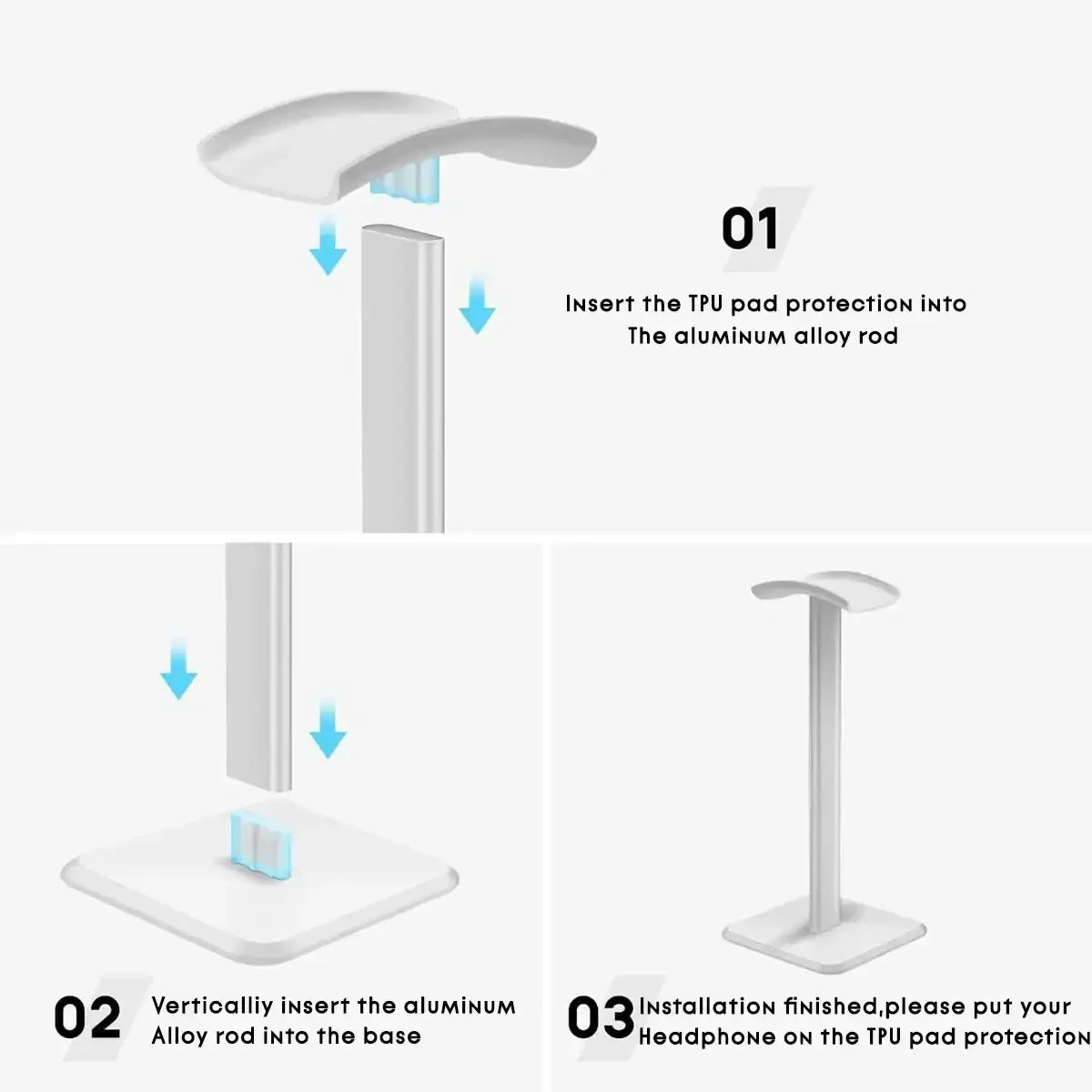 Matte aluminum headphone stand with a white plastic tpu pad and sleek minimalist design for earphone stand use