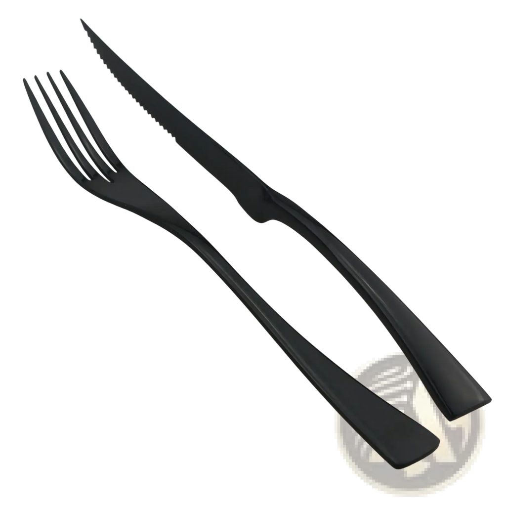 Matte black flatware set stainless steel cutlery 24pcs featuring black matte-finish steak knife and fork with modern handles