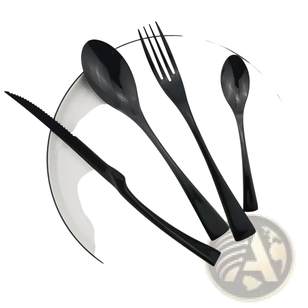 Matte black flatware set stainless steel cutlery 24pcs featuring spoon fork and two spoons on white plate