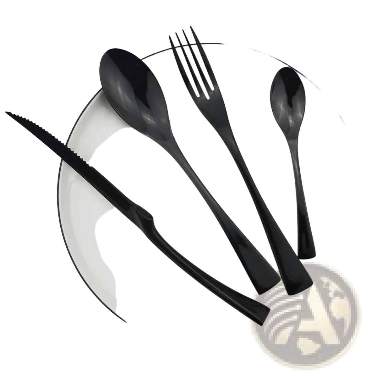 Matte black flatware set stainless steel cutlery 24pcs featuring spoon fork and two spoons on white plate