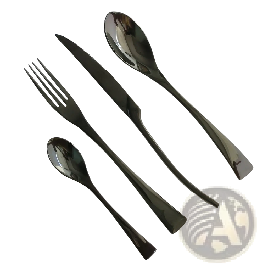 Set of four matte black stainless steel cutlery pieces including fork knife and two spoons with ergonomic handles