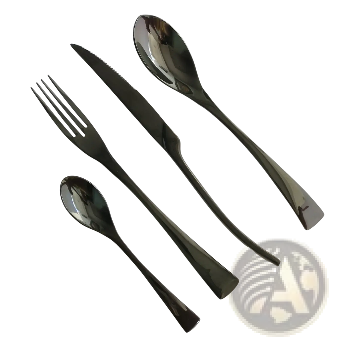 Set of four matte black stainless steel cutlery pieces including fork knife and two spoons with ergonomic handles