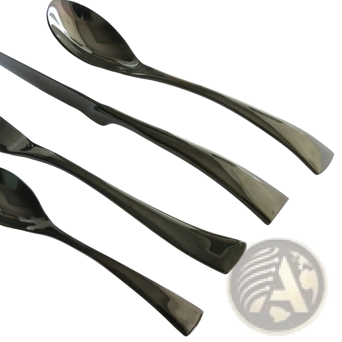 Set of sleek black stainless steel cutlery with modern tapered handles in a matte black flatware set 24pcs