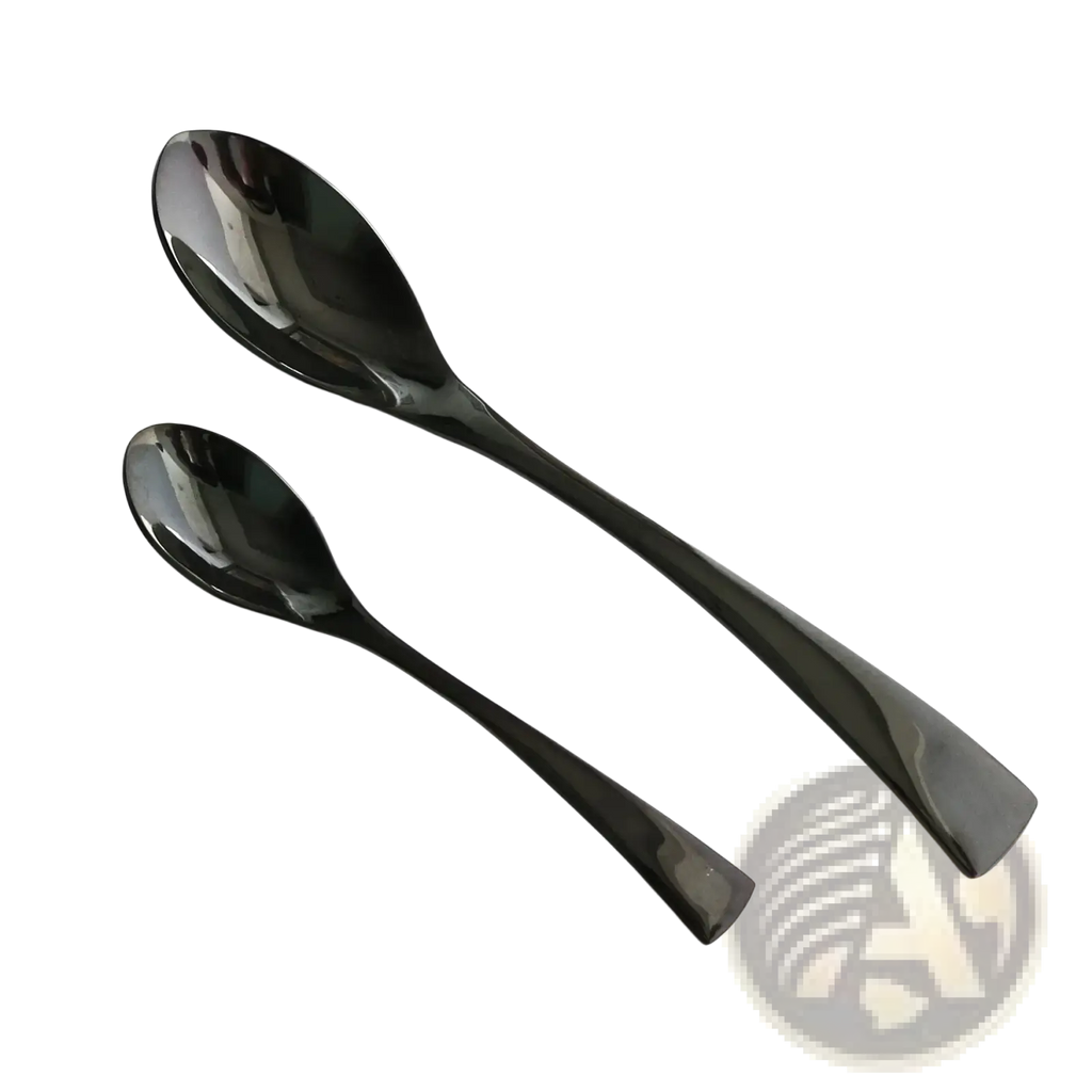 A sleek black stainless steel spoon set with two minimalist spoons featuring smooth reflective surfaces