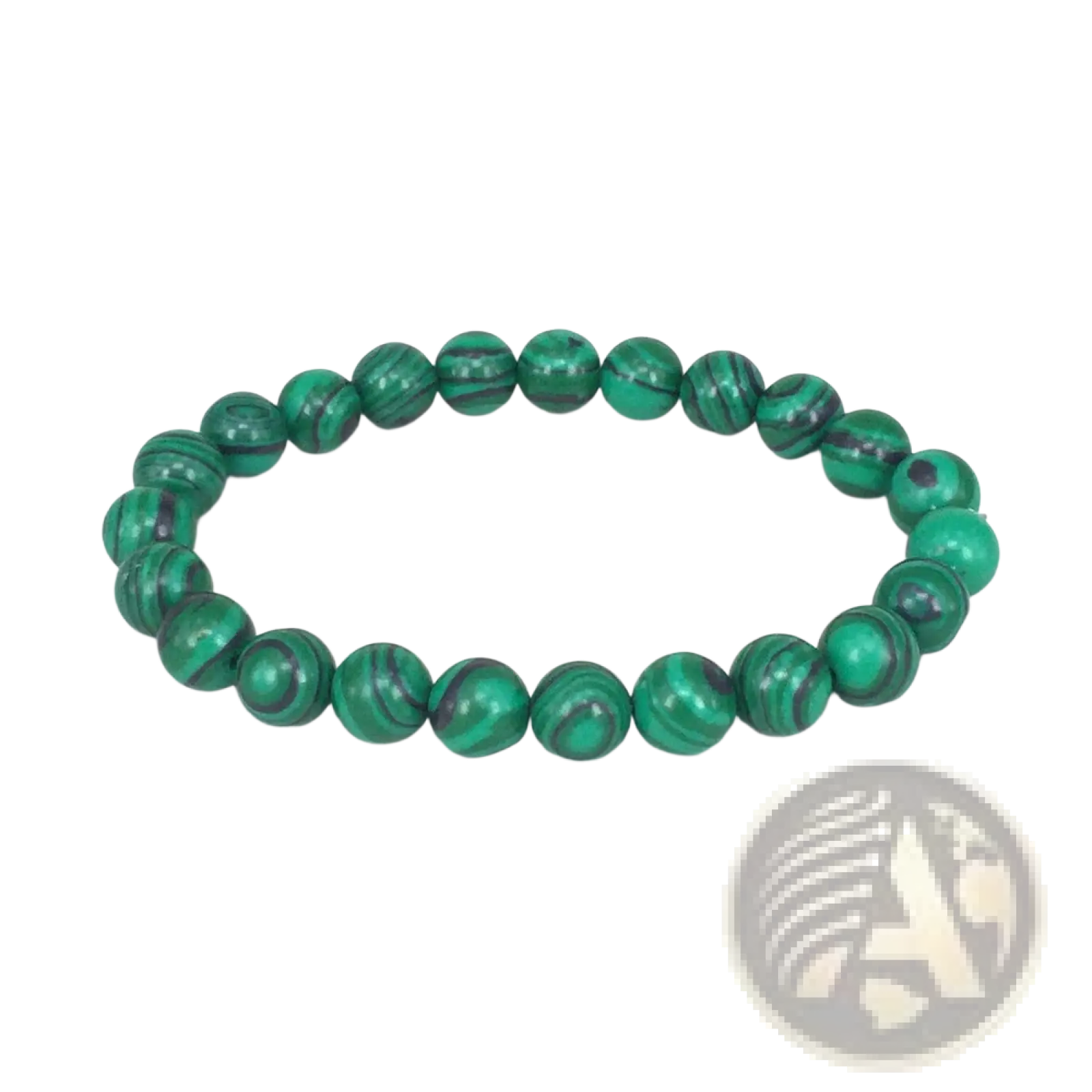 A vibrant green malachite bead bracelet with swirling dark patterns in matte black and green elastic design
