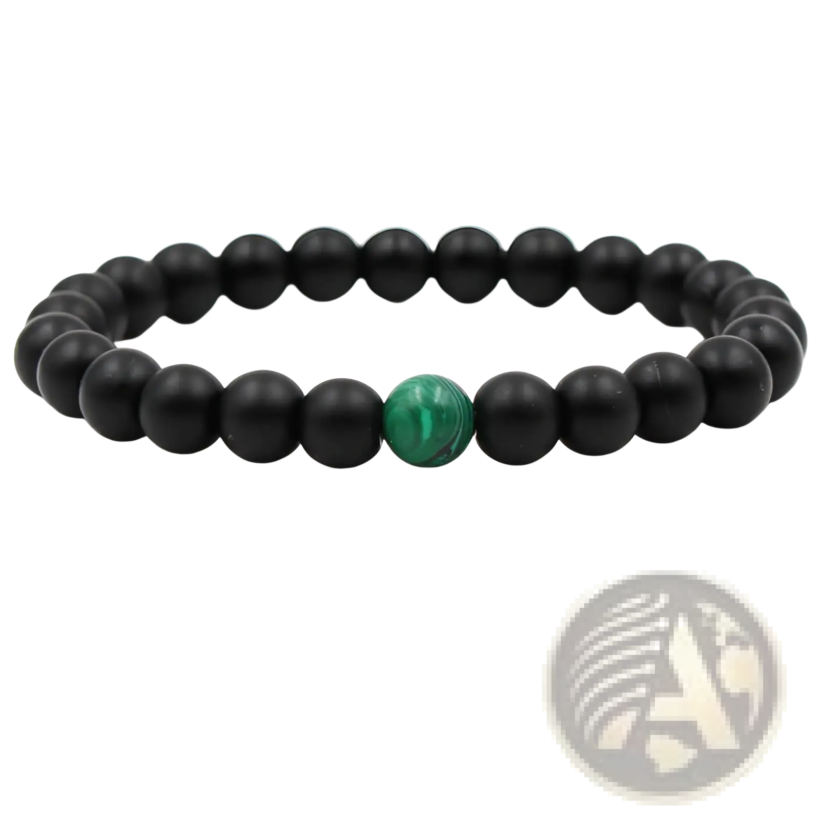 Matte black elastic bead bracelet featuring black beads with a single green malachite accent bead