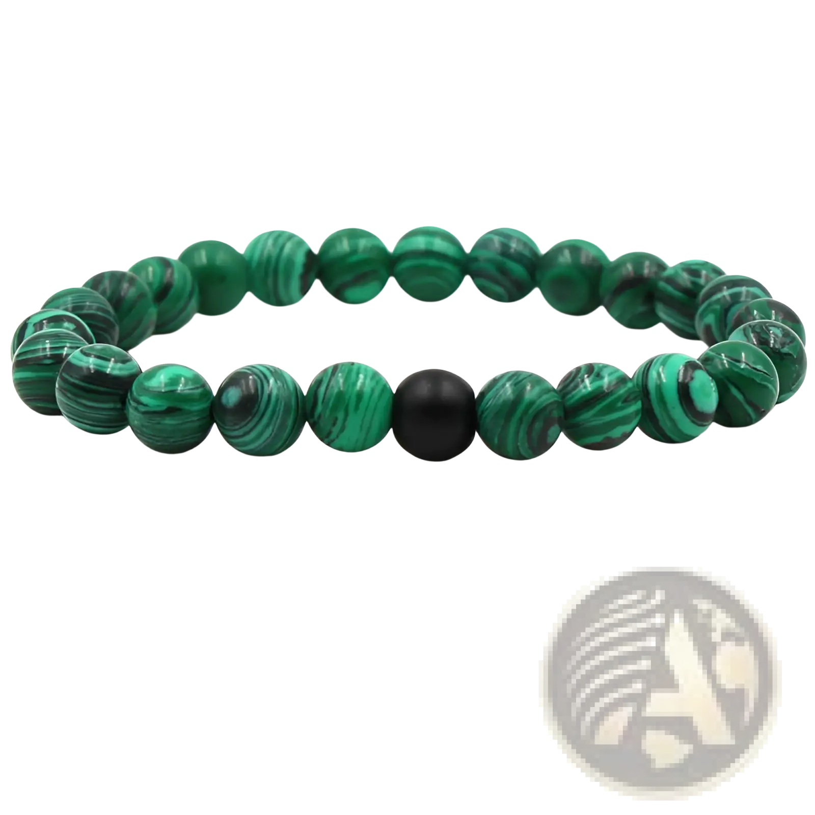 A vibrant green malachite elastic bead bracelet with matte black accent stones for stylish wear