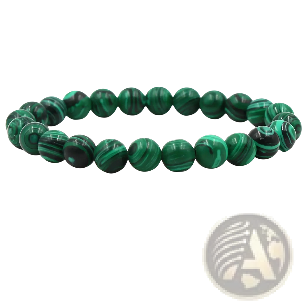 A stretchy matte black and green malachite elastic bead bracelet made of 8mm beads with natural black and teal swirls